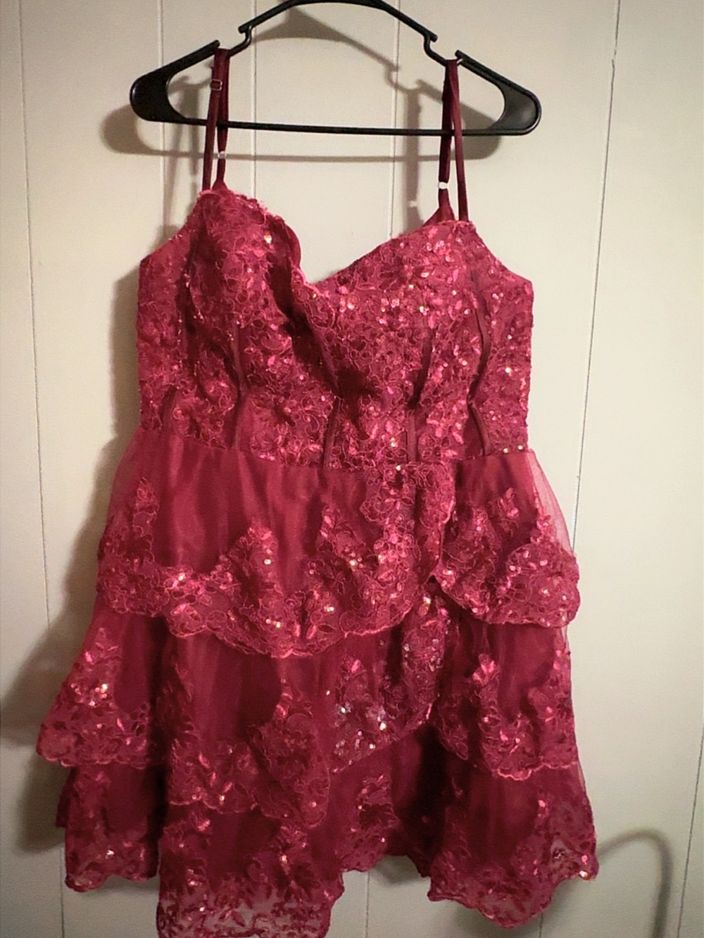 Burgundy Sequin Lace Tiered Hoco Dress